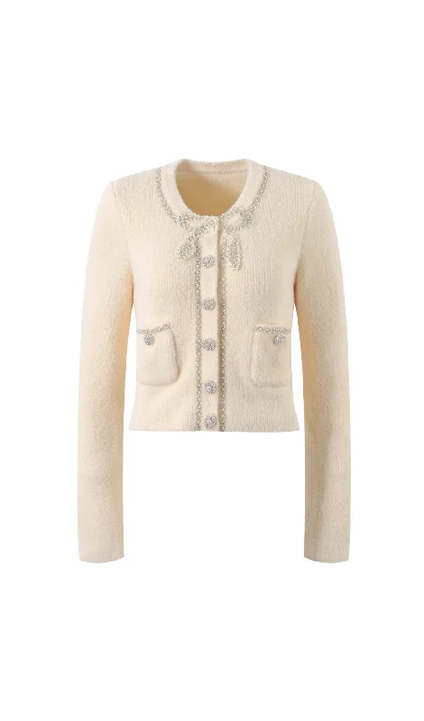CREAM SOFT KNIT BOW CARDIGAN Patchwork Embroidered Appliqued
