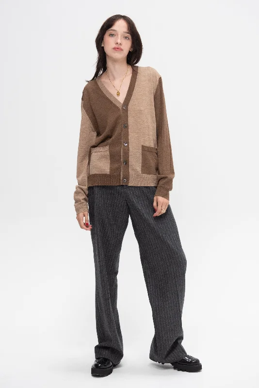 Adrian Color Blocked Cardigan, Camel Chenille Brocade Lace
