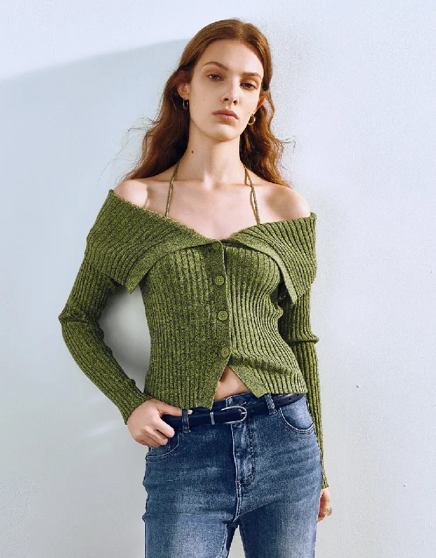Halter Neck Off-Shoulder Knitted Cardigan Hooded Cardigan Collared Cardigan Shawl Collar