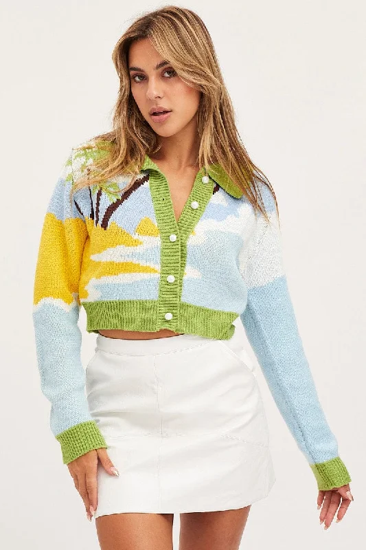 Multi Knit Cardigan Long Sleeve Collared Button Cardigan Zip Cardigan Pullover Cardigan
