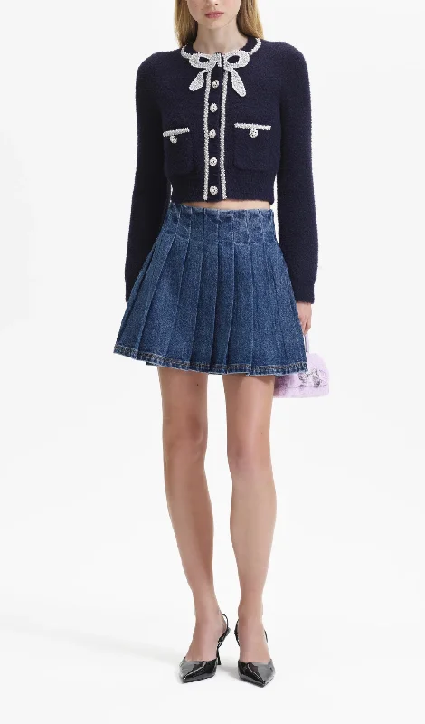 NAVY SOFT KNIT BOW CARDIGAN Spandex Rayon Corduroy