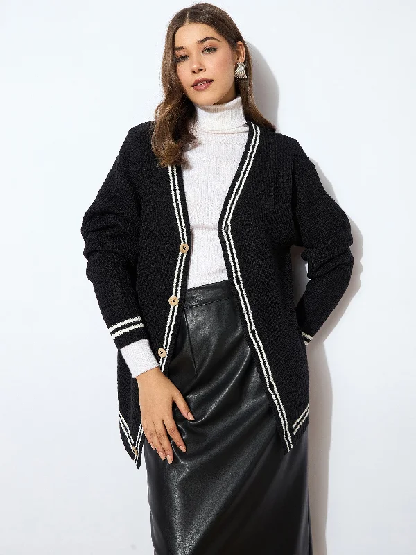 Women Black Front Button Oversized Cardigan Terry Terry Cloth Terry Knit