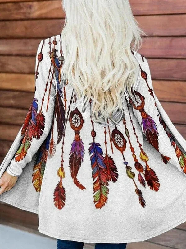 Women's Cardigans Casual Printed Long Sleeve Midi Cardigan Wool Fabric Cashmere Fabric Tweed Fabric